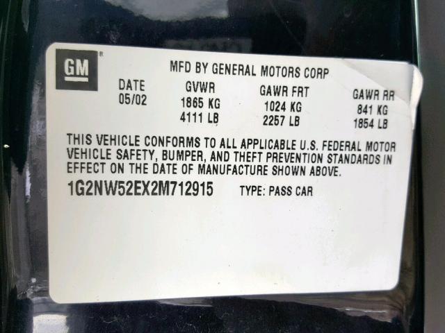 1G2NW52EX2M712915 - 2002 PONTIAC GRAND AM G BLACK photo 10