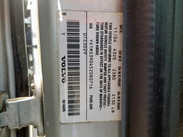 YV1MS390452080716 - 2005 VOLVO S40 2.4I SILVER photo 10