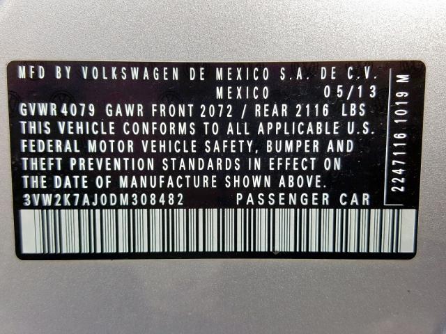 3VW2K7AJ0DM308482 - 2013 VOLKSWAGEN JETTA BASE Մոխրագույն լուսանկար 10