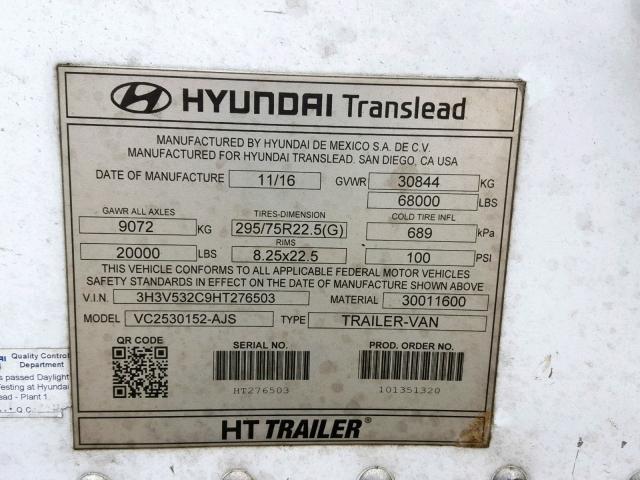 3H3V532C9HT276503 - 2017 HYUNDAI TRAILER WHITE photo 10