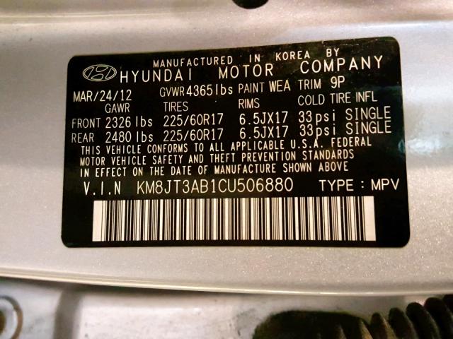 KM8JT3AB1CU506880 - 2012 HYUNDAI TUCSON GL SILVER photo 10