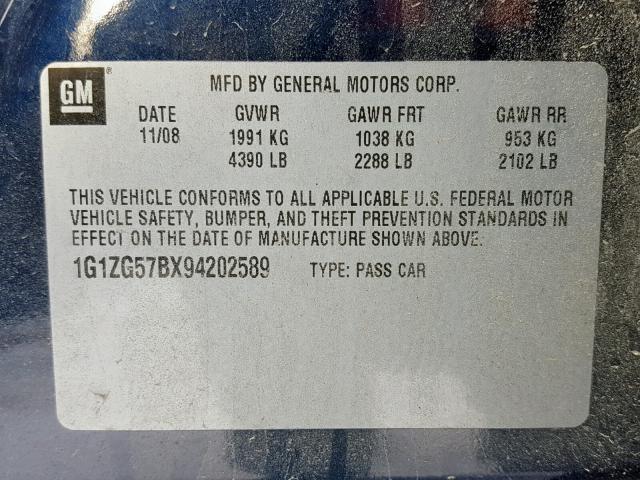 1G1ZG57BX94202589 - 2009 CHEVROLET MALIBU LS 蓝色 照片 10