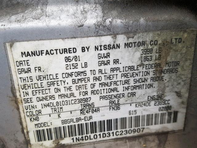 1N4DL01D31C230907 - 2001 NISSAN ALTIMA XE SILVER photo 10