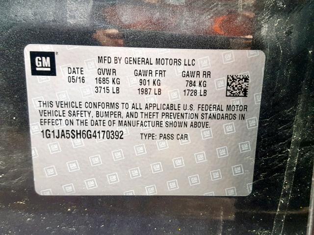 1G1JA5SH6G4170392 - 2016 CHEVROLET SONIC LS 黑色 照片 10