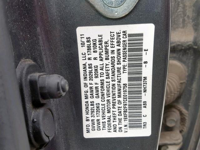 19XFB2F97CE019758 - 2012 HONDA CIVIC EXL GRAY photo 10