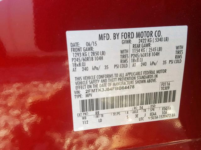 2FMTK3J84FBB64478 - 2015 FORD EDGE SEL RED photo 10