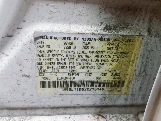 1N4BL11D62C215140 - 2002 NISSAN ALTIMA SE WHITE photo 10