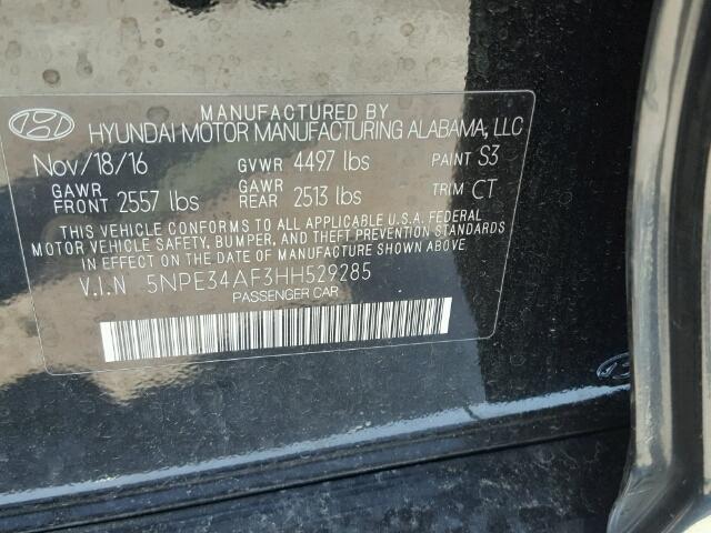 5NPE34AF3HH529285 - 2017 HYUNDAI SONATA SPO BLACK photo 10