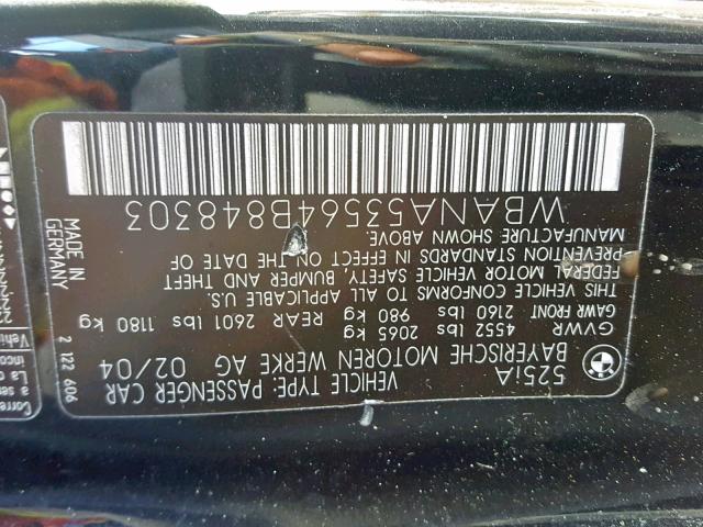 WBANA53564B848303 - 2004 BMW 525 I BLACK photo 10