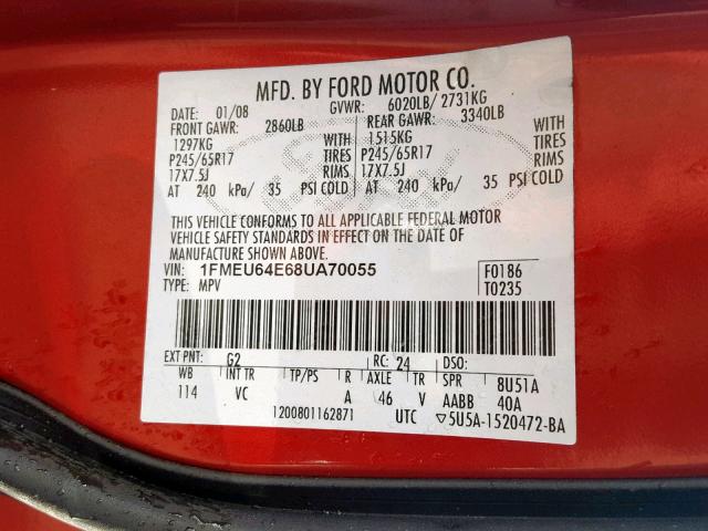 1FMEU64E68UA70055 - 2008 FORD EXPLORER E RED photo 10