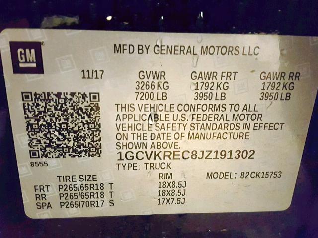 1GCVKREC8JZ191302 - 2018 CHEVROLET SILVERADO 黑色 照片 10