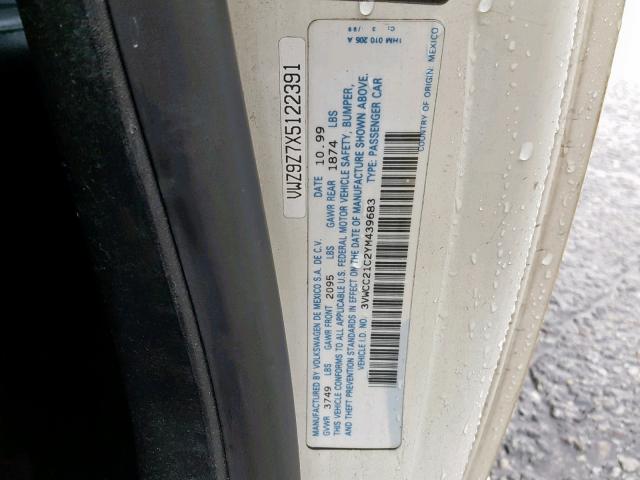 3VWCC21C2YM439683 - 2000 VOLKSWAGEN NEW BEETLE თეთრი ფოტო 10