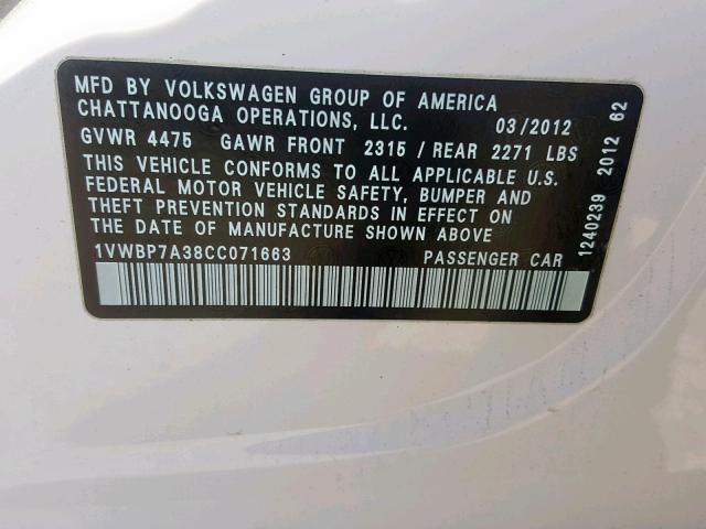 1VWBP7A38CC071663 - 2012 VOLKSWAGEN PASSAT SE WHITE photo 10