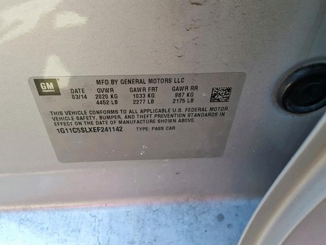 1G11C5SLXEF241142 - 2014 CHEVROLET MALIBU 1LT ვერცხლისფერი ფოტო 10
