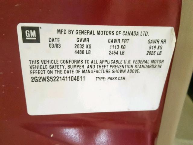2G2WS522141104611 - 2004 PONTIAC GRAND PRIX RED photo 10