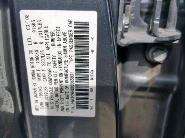 JHMCP26488C065931 - 2008 HONDA ACCORD LXP GRAY photo 10