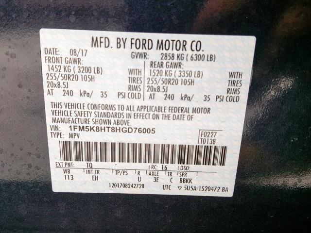 1FM5K8HT8HGD76005 - 2017 FORD EXPLORER P BLACK photo 10