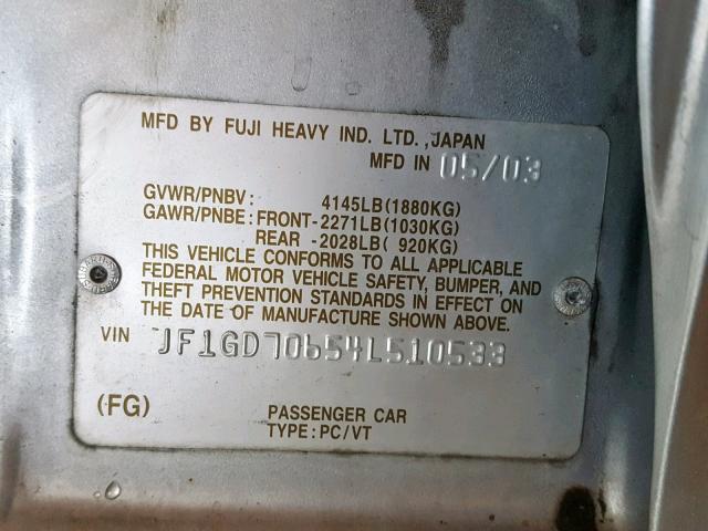 JF1GD70654L510533 - 2004 SUBARU IMPREZA WR SILVER photo 10