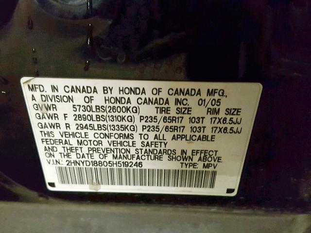 2HNYD18805H519246 - 2005 ACURA MDX TOURIN BLACK photo 10