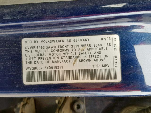 WVGBC67L64D015213 - 2004 VOLKSWAGEN TOUAREG 3. BLUE photo 10