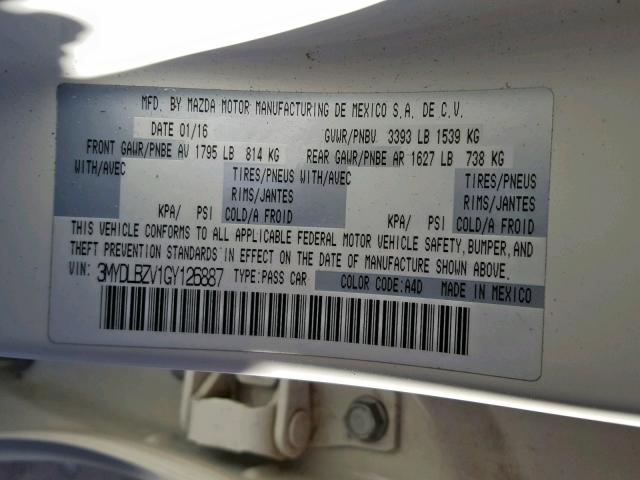 3MYDLBZV1GY126887 - 2016 TOYOTA SCION IA WHITE photo 10