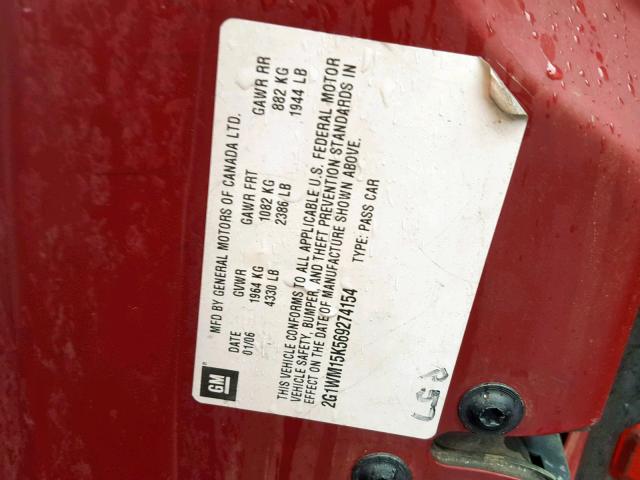 2G1WM15K569274154 - 2006 CHEVROLET MONTE CARL 勃艮第红 照片 10