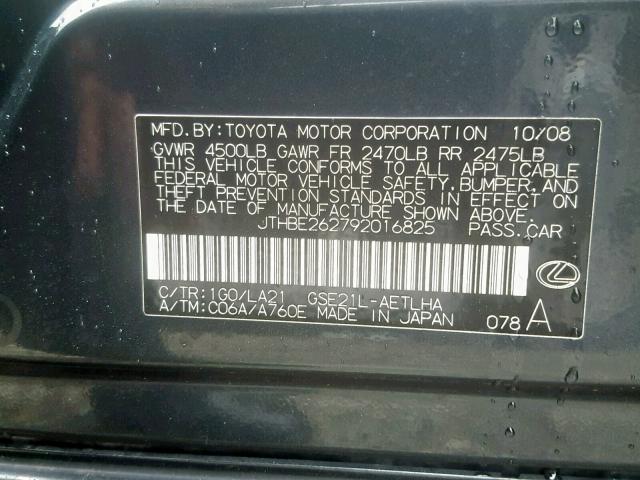 JTHBE262792016825 - 2009 LEXUS IS 350 GRAY photo 10