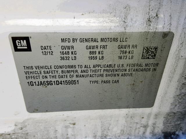 1G1JA6SG1D4159051 - 2013 CHEVROLET SONIC LS 白色 照片 10