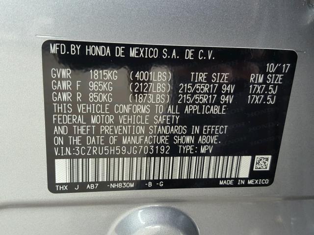 3CZRU5H59JG703192 - 2018 HONDA HR-V EX GRAY photo 10