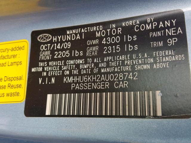 KMHHU6KH2AU028742 - 2010 HYUNDAI GENESIS CO BLUE photo 10