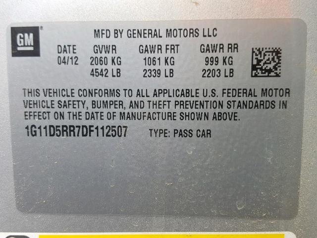 1G11D5RR7DF112507 - 2013 CHEVROLET MALIBU 1LT ვერცხლისფერი ფოტო 10