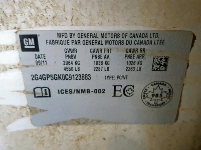 2G4GP5GK0C9123883 - 2012 BUICK REGAL LS GRAY photo 10