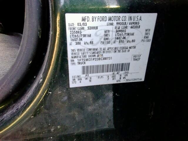 1FTSW31P23EC88731 - 2003 FORD F350 SRW S GREEN photo 10