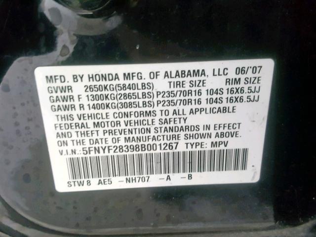 5FNYF28398B001267 - 2008 HONDA PILOT SE BLACK photo 10