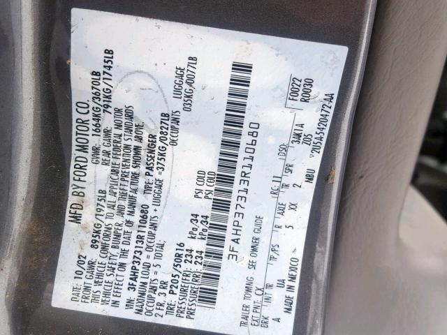 3FAHP37313R110680 - 2003 FORD FOCUS ZX5 GRAY photo 10