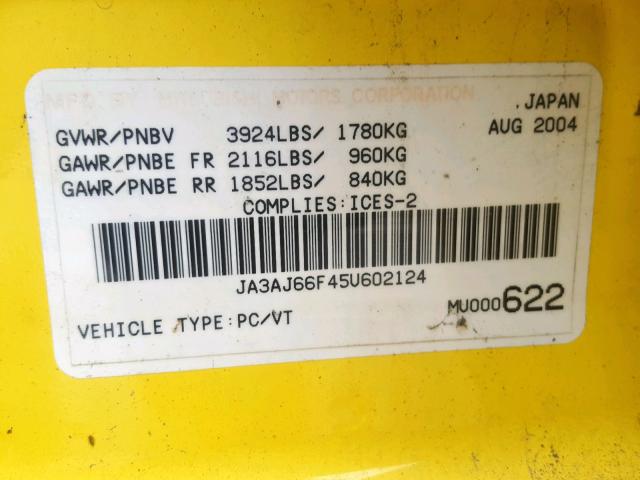 JA3AJ66F45U602124 - 2005 MITSUBISHI LANCER RAL YELLOW photo 10