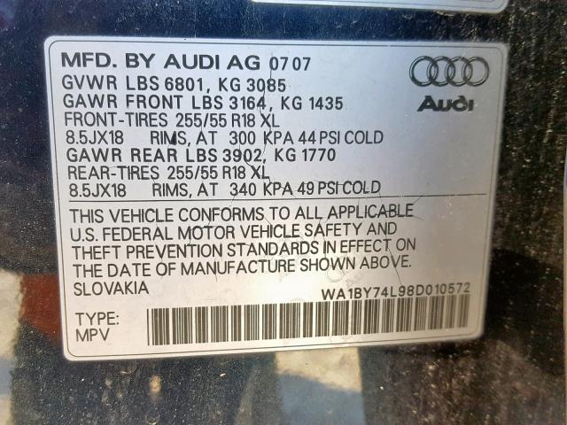 WA1BY74L98D010572 - 2008 AUDI Q7 3.6 QUA BLACK photo 10