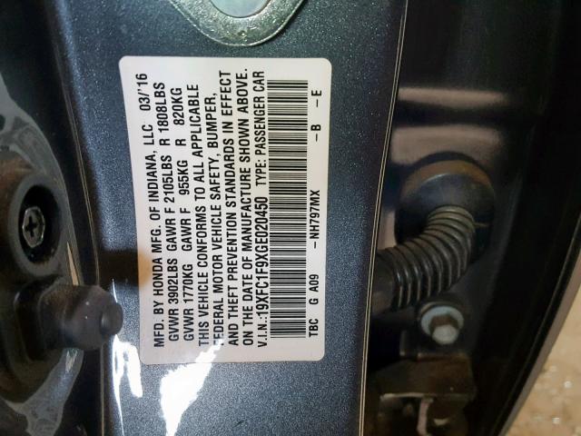 19XFC1F9XGE020450 - 2016 HONDA CIVIC TOUR GRAY photo 10