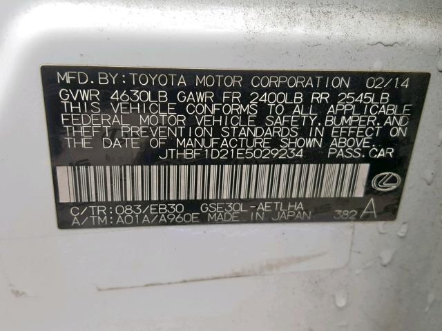 JTHBF1D21E5029234 - 2014 LEXUS IS 250 WHITE photo 10