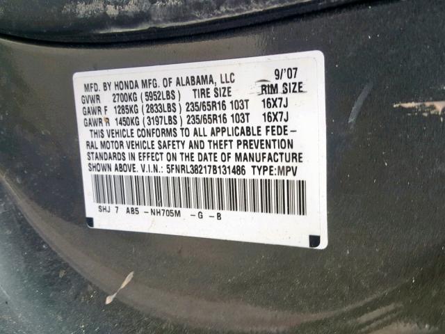 5FNRL38217B131486 - 2007 HONDA ODYSSEY LX GRAY photo 10