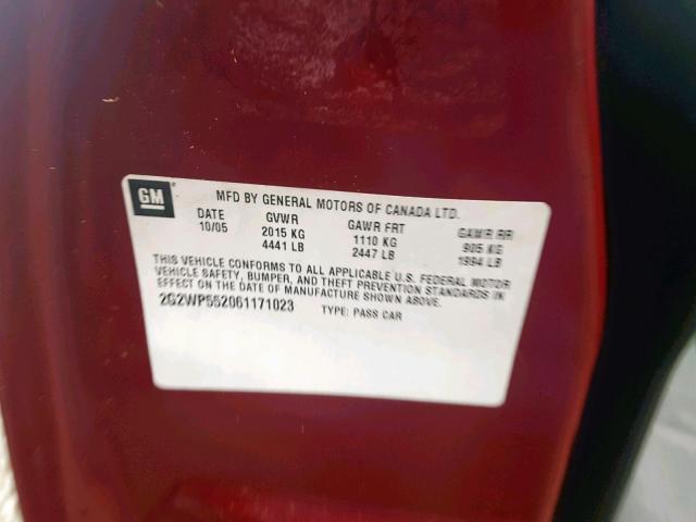 2G2WP552061171023 - 2006 PONTIAC GRAND PRIX MAROON photo 10