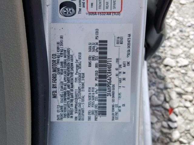 3FAHP0GA7CR440711 - 2012 FORD FUSION S GRAY photo 10