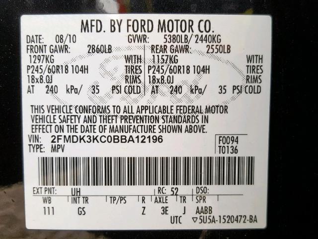 2FMDK3KC0BBA12196 - 2011 FORD EDGE LIMIT BLACK photo 10