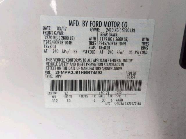 2FMPK3J91HBB74592 - 2017 FORD EDGE SEL WHITE photo 10