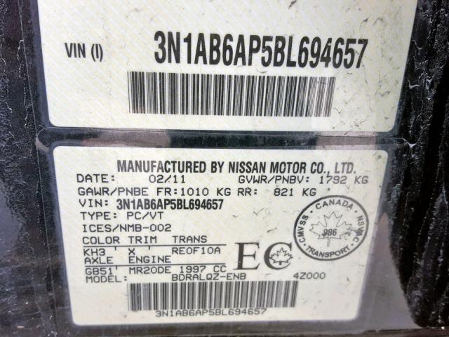 3N1AB6AP5BL694657 - 2011 NISSAN SENTRA 2.0 BLACK photo 10