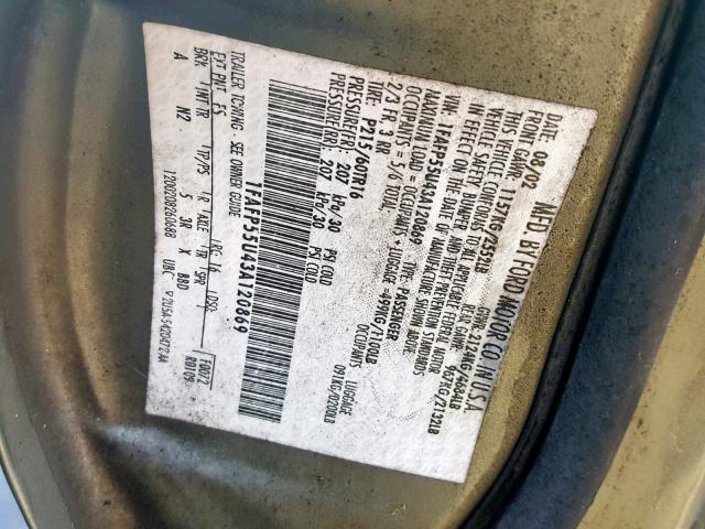 1FAFP55U43A120869 - 2003 FORD TAURUS SES GRAY photo 10