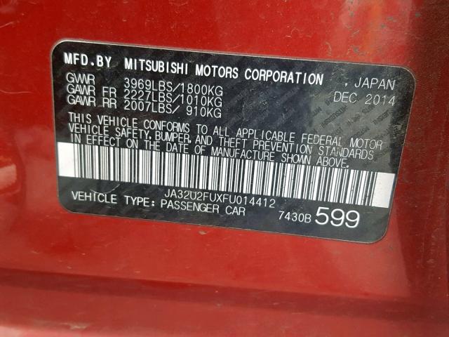 JA32U2FUXFU014412 - 2015 MITSUBISHI LANCER ES MAROON photo 10