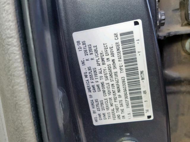 1HGCP36849A030943 - 2009 HONDA ACCORD EXL GRAY photo 10