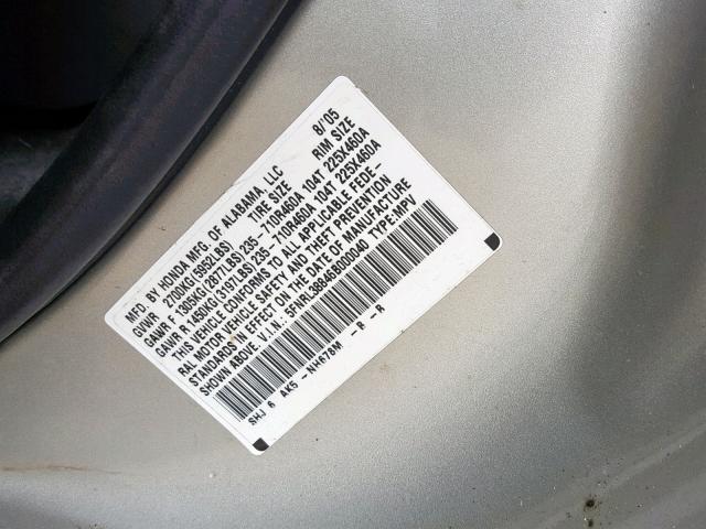 5FNRL38846B000040 - 2006 HONDA ODYSSEY TO SILVER photo 10