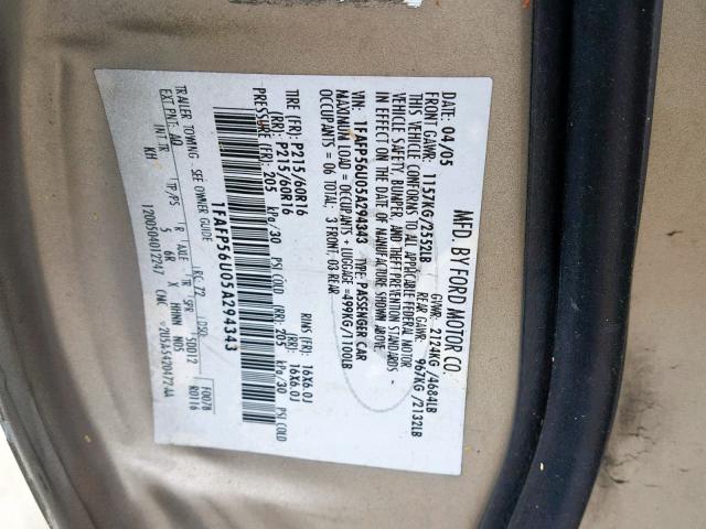 1FAFP56U05A294343 - 2005 FORD TAURUS SEL TAN photo 10